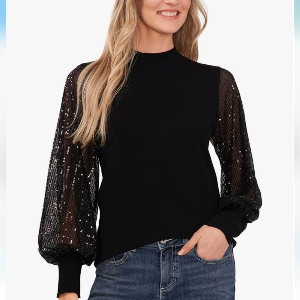 Cece,NWT,Sequin Long Sleeve Mock Neck Sweater,XS